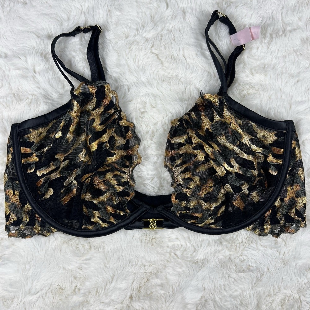 Victoria's Secret Very Sexy‎ Leopard Lace Unlined Demi Bra Black Gold 34B NWT